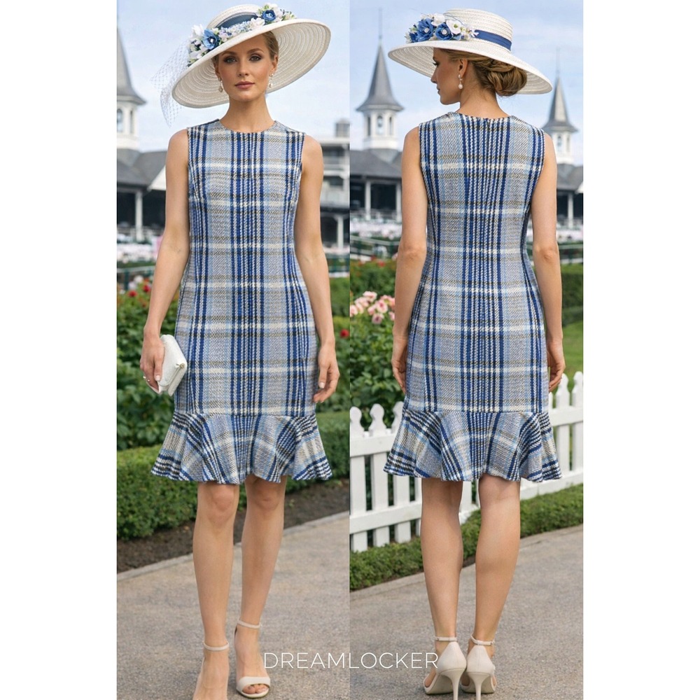 Akris Punto Blue Plaid Tweed Derby Dress Size 6 Flounce Hem Luxury NEW